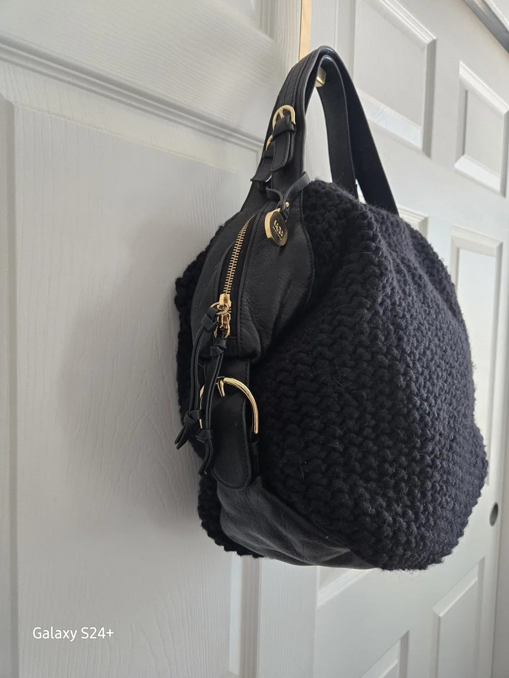 UGG Black Knit Leather Trim Hobo Satchel Bag